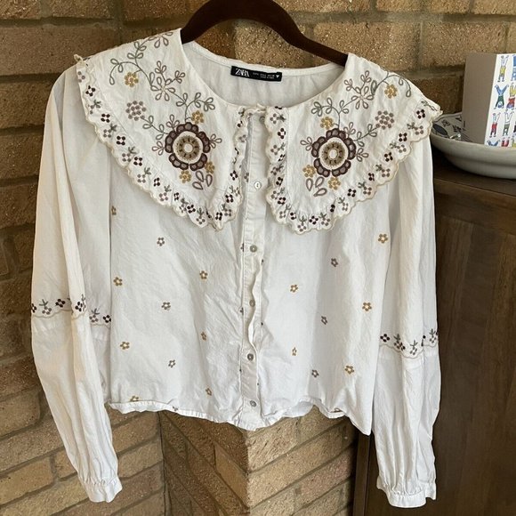 Zara Embroidered Broderie Large Collar White Long Sleeve blouse Large - Picture 1 of 3